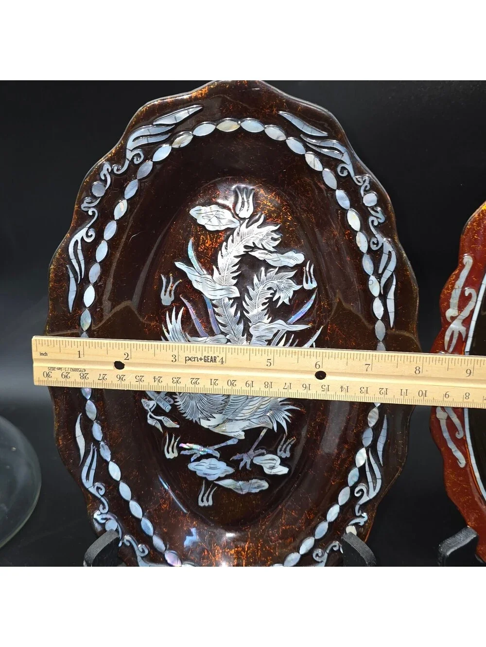 Vtg Asian Mother of Pearl Lacquer Wall Plaques Pair Phoenix Crane Bird Inlay 11”